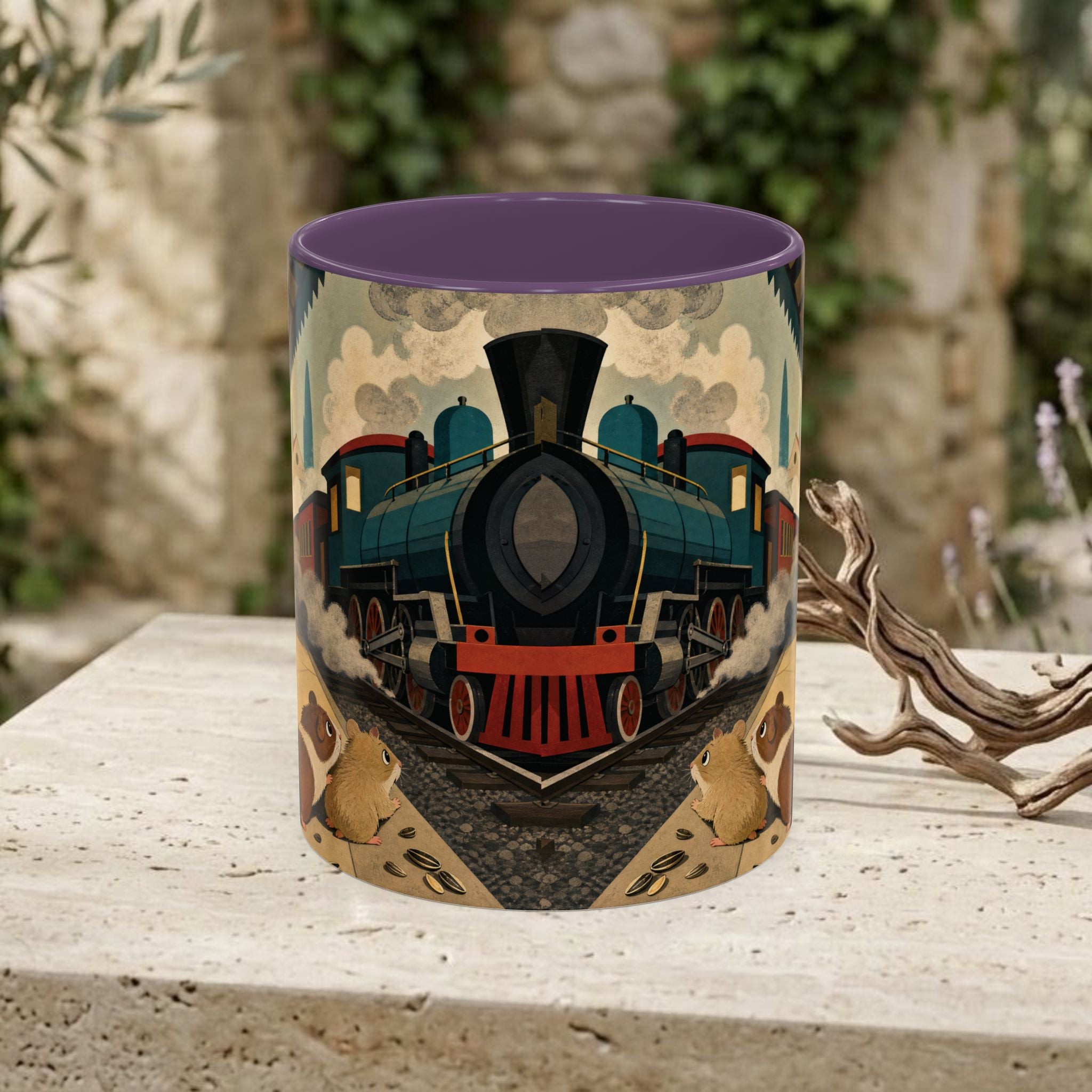 Vintage Train & Guinea Pigs Coffee Mug — Whimsical Station Illustration (11/15oz)