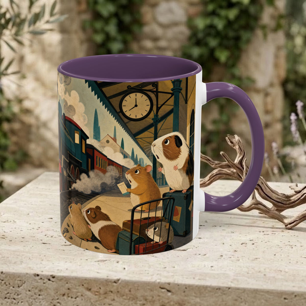 Vintage Train & Guinea Pigs Coffee Mug — Whimsical Station Illustration (11/15oz)