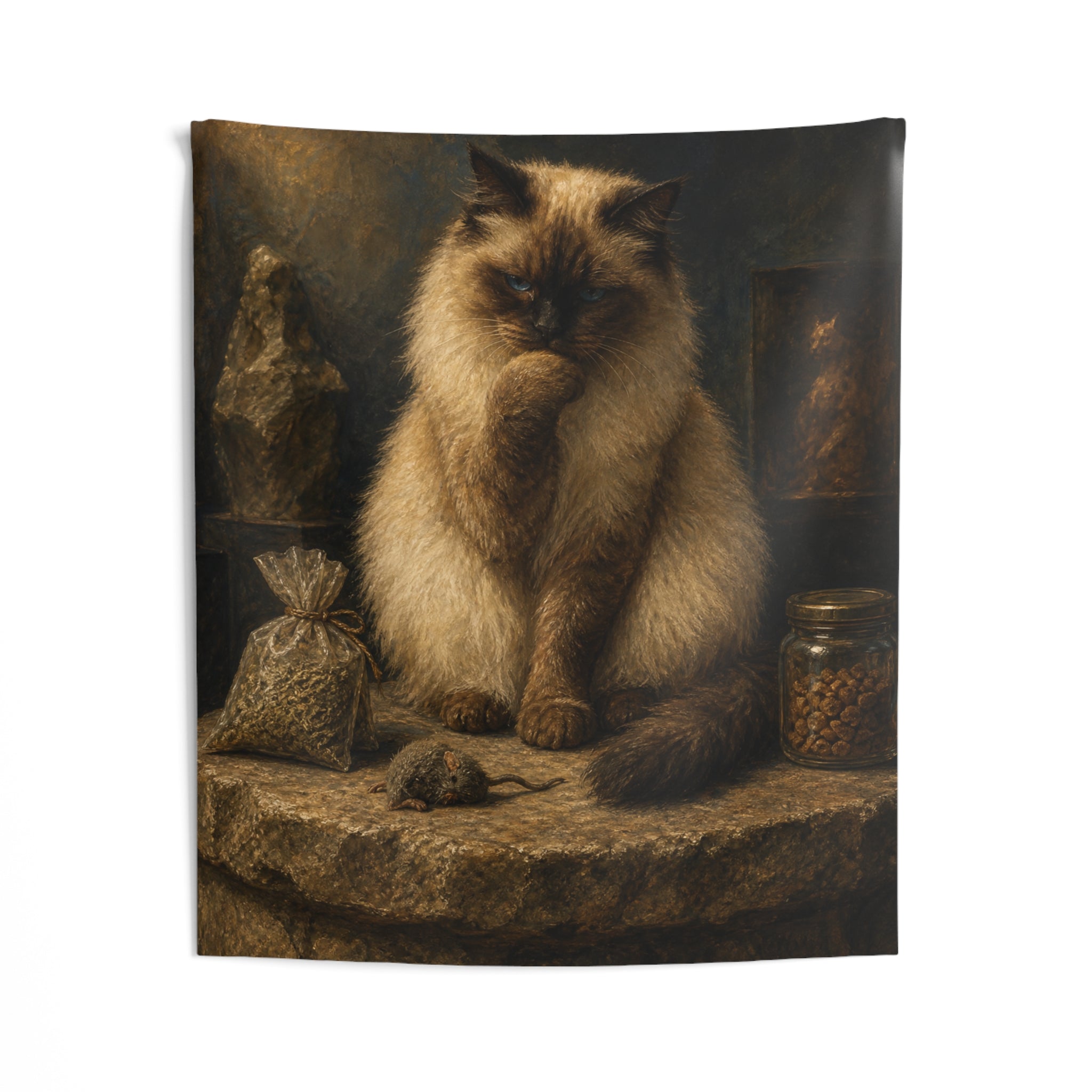 Vintage Portrait Cat Tapestry — Himalayan Cat on Antique Apothecary Shelf