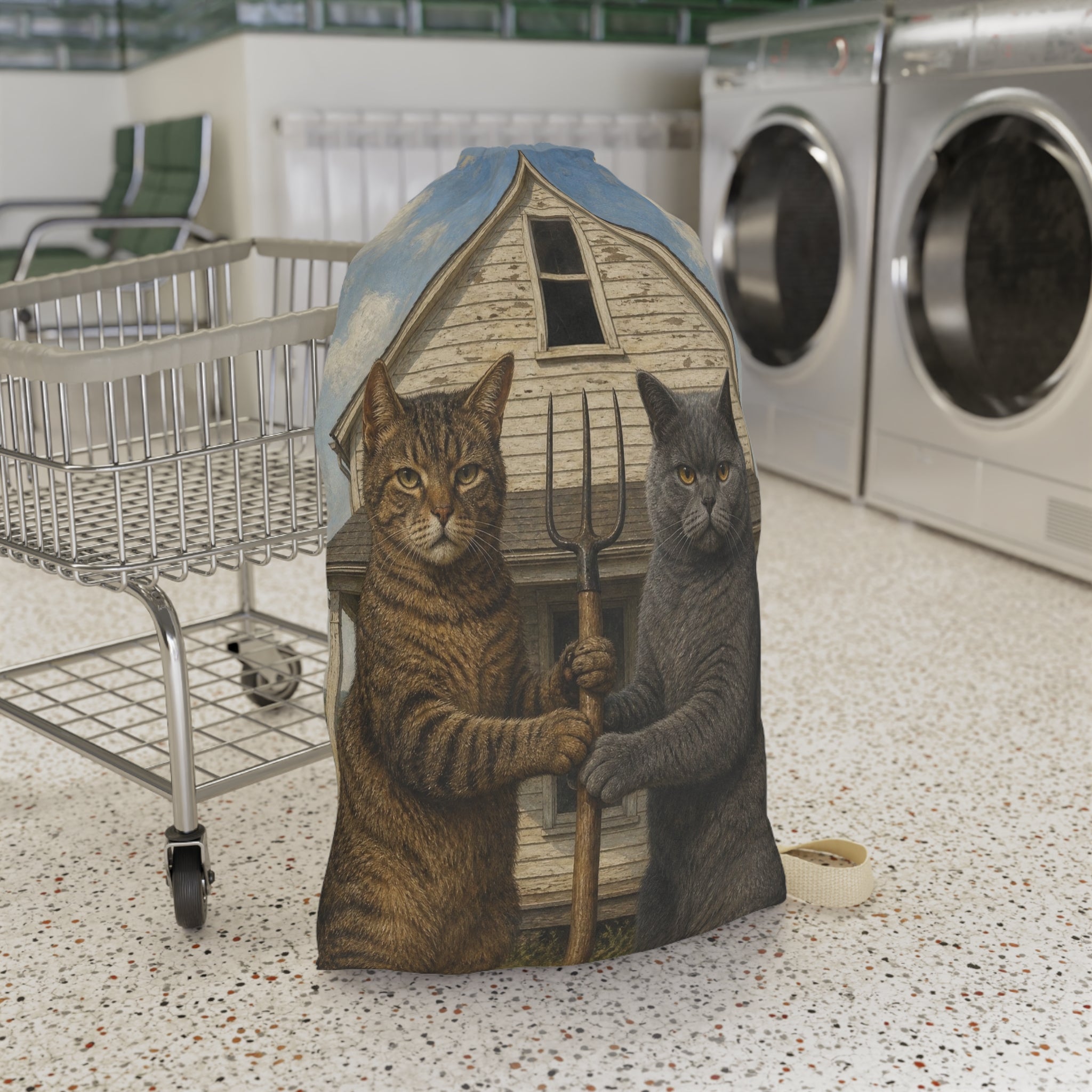Cat Farmers Laundry Bag — Vintage Two Cats Holding Pitchfork Illustration