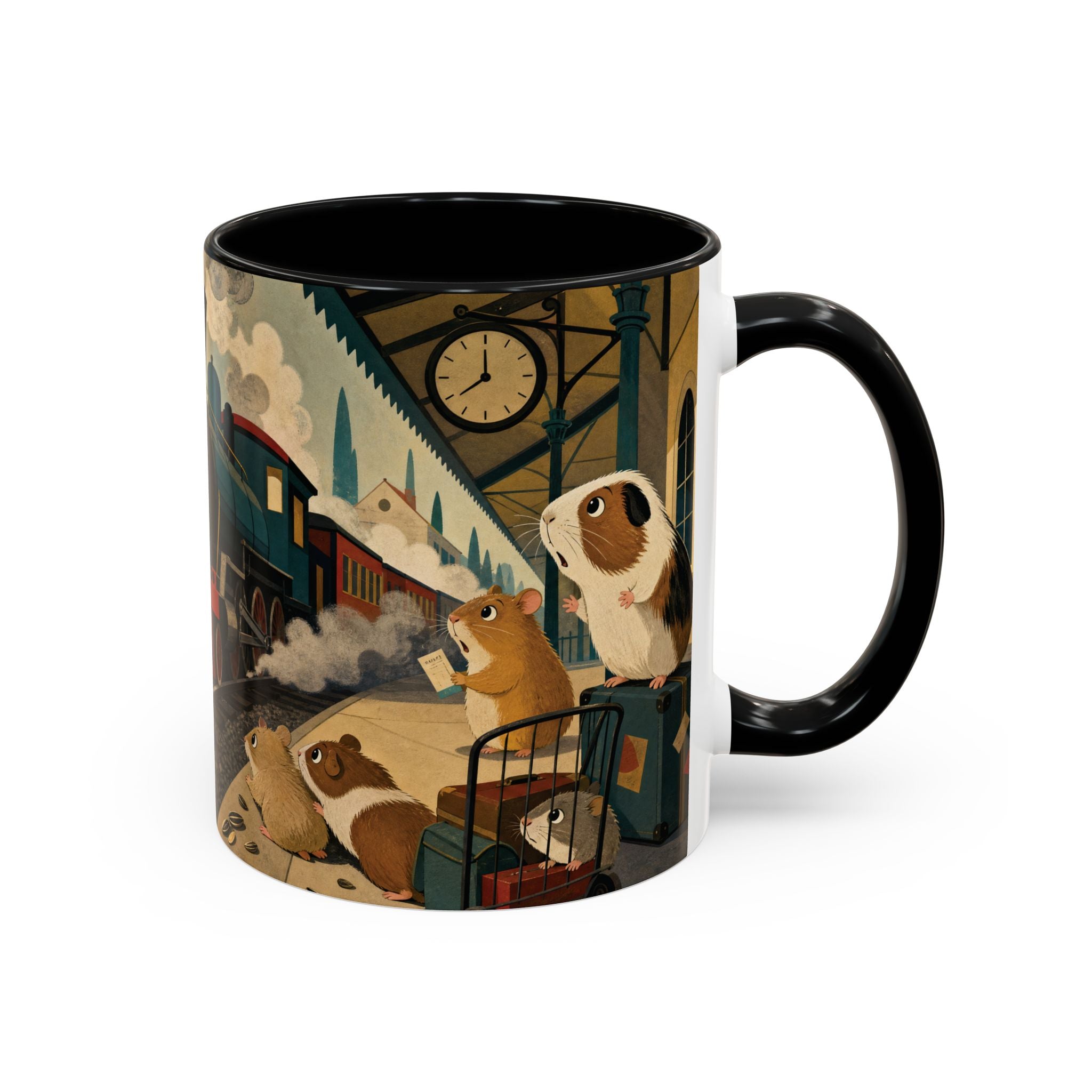 Vintage Train & Guinea Pigs Coffee Mug — Whimsical Station Illustration (11/15oz)