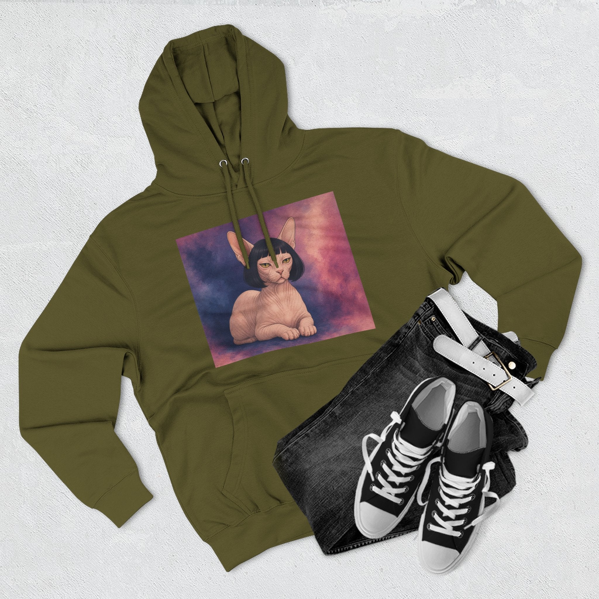 Bob Cat Sphynx Hoodie — Vintage Three-Panel Cat Print Fleece Sweatshirt