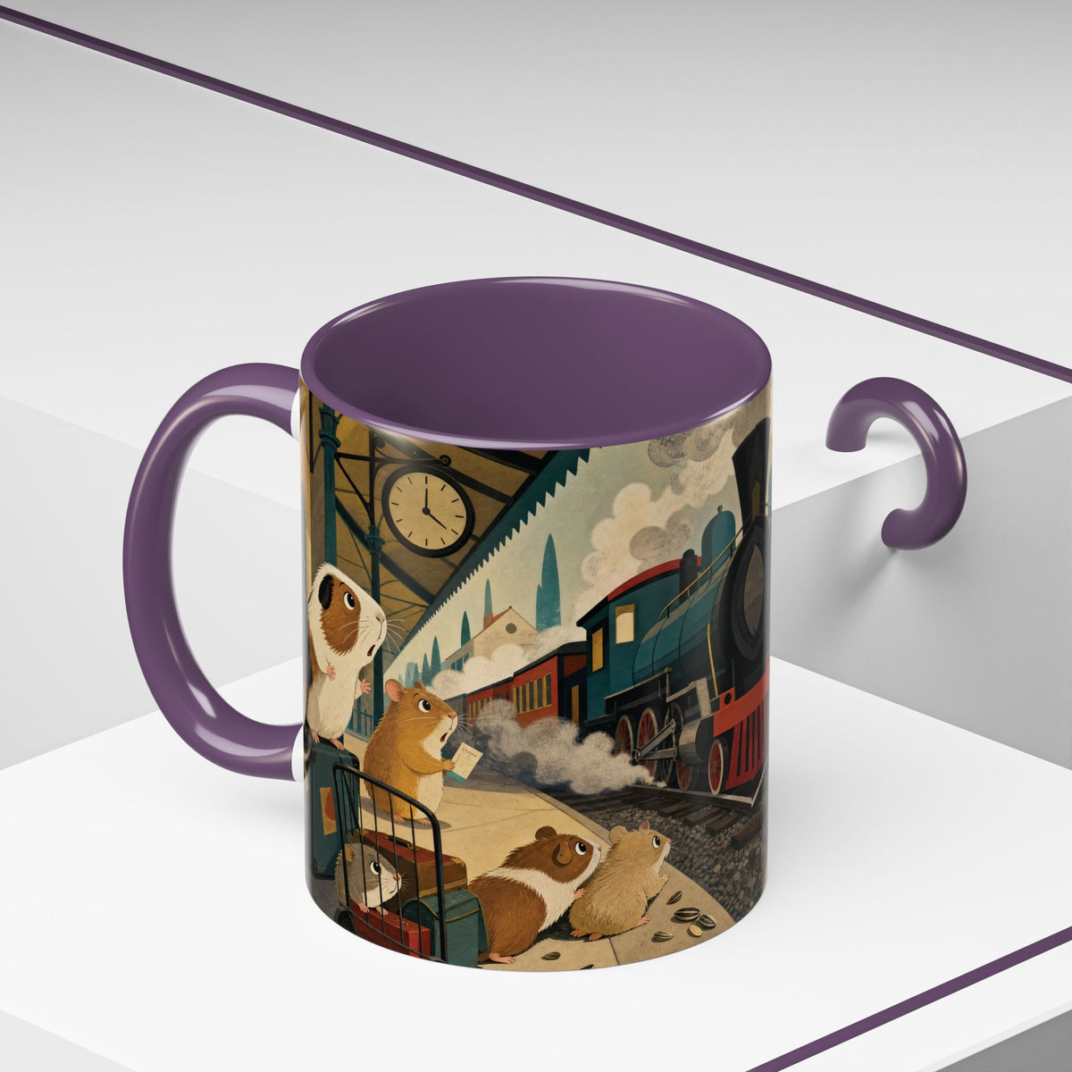 Vintage Train & Guinea Pigs Coffee Mug — Whimsical Station Illustration (11/15oz)