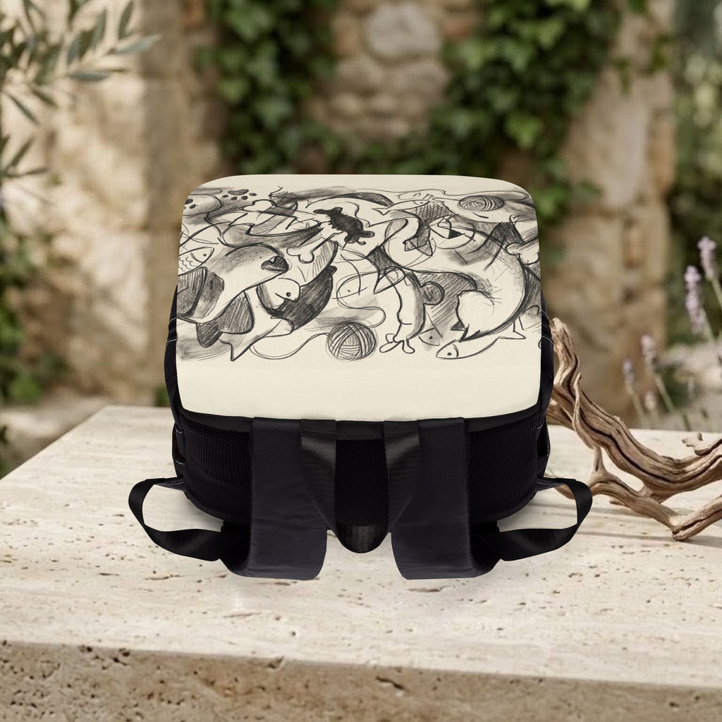 Sketch Art Canvas Backpack — Monochrome Doodle Design, Casual Daypack for School & Travel