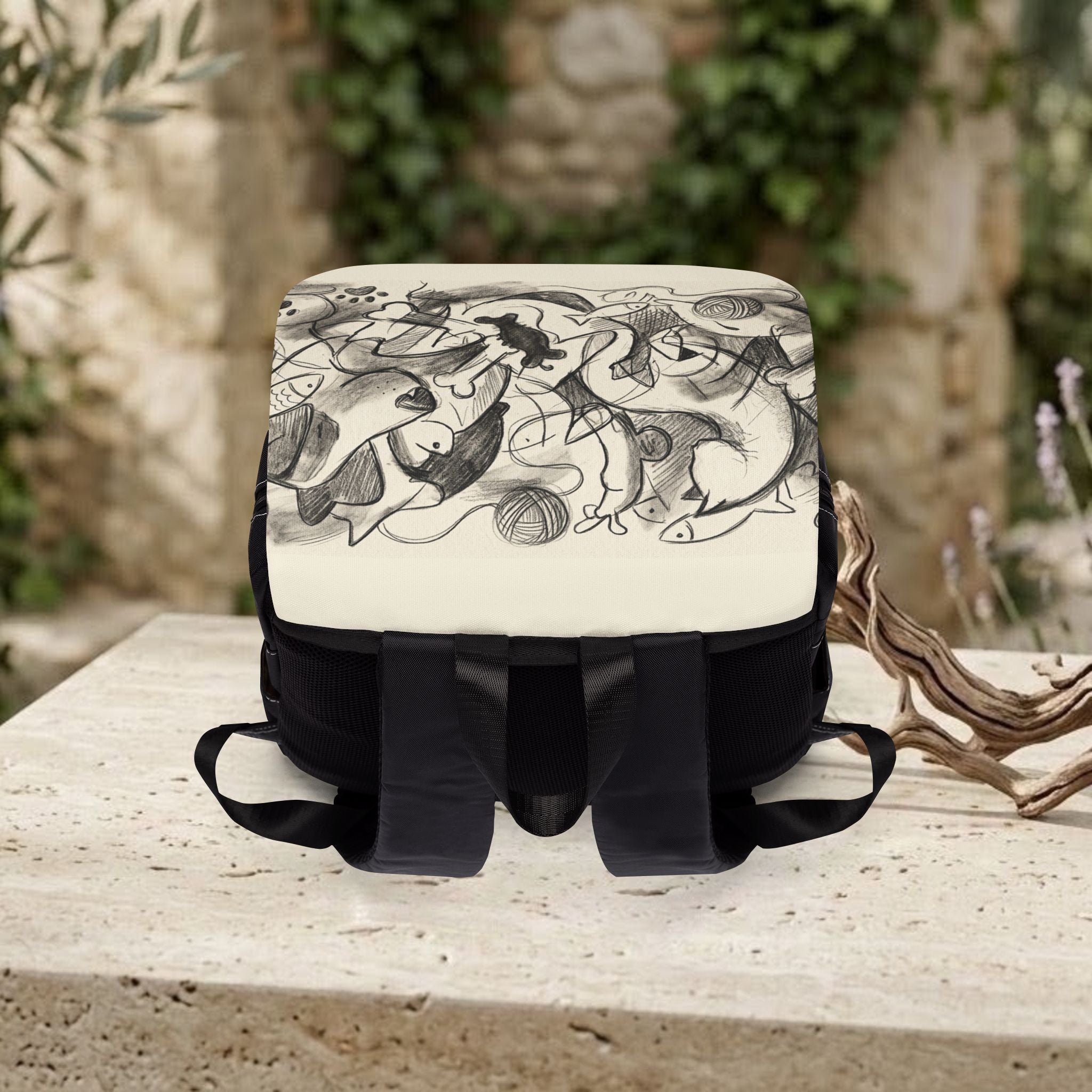 Sketch Art Canvas Backpack — Monochrome Doodle Design, Casual Daypack for School & Travel