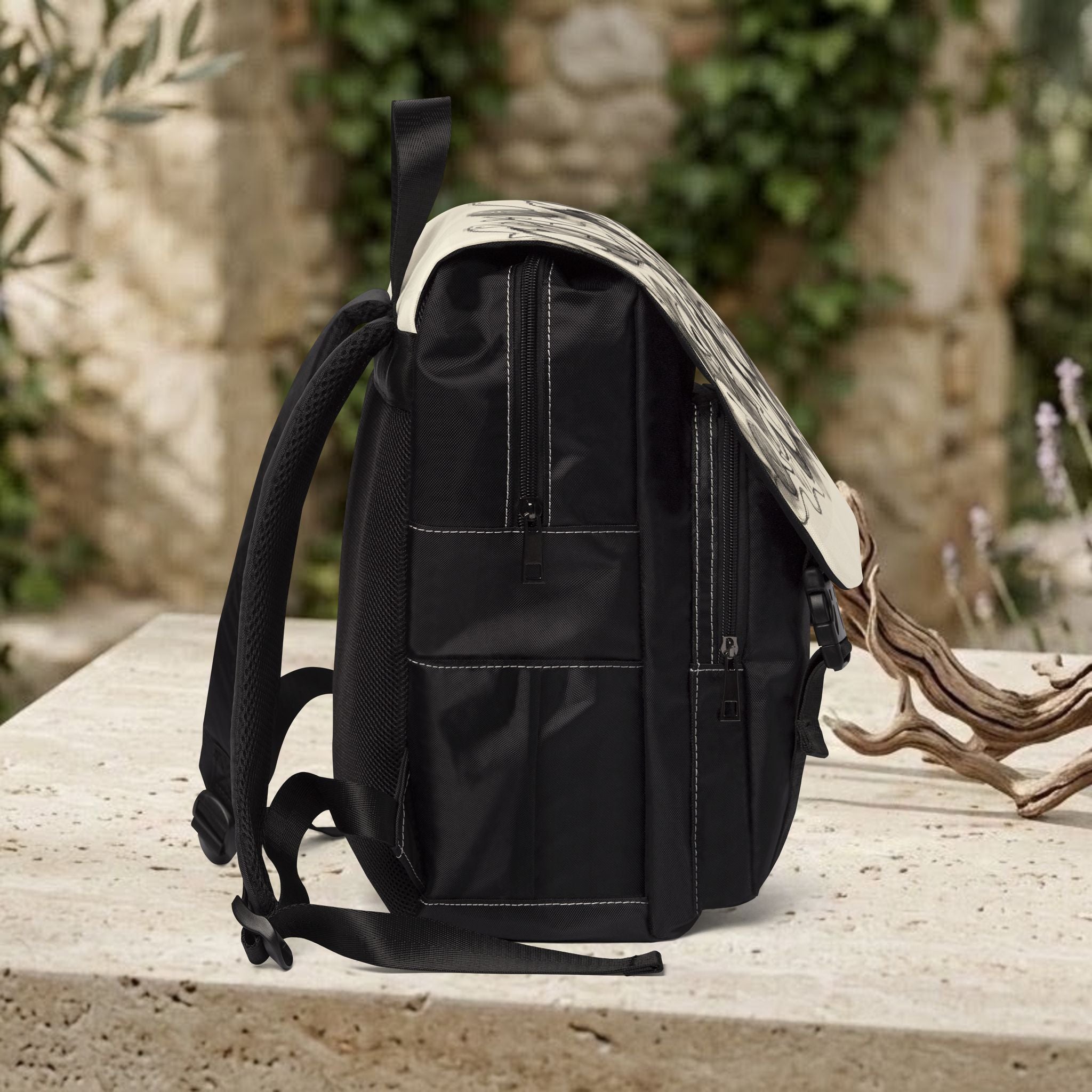 Sketch Art Canvas Backpack — Monochrome Doodle Design, Casual Daypack for School & Travel