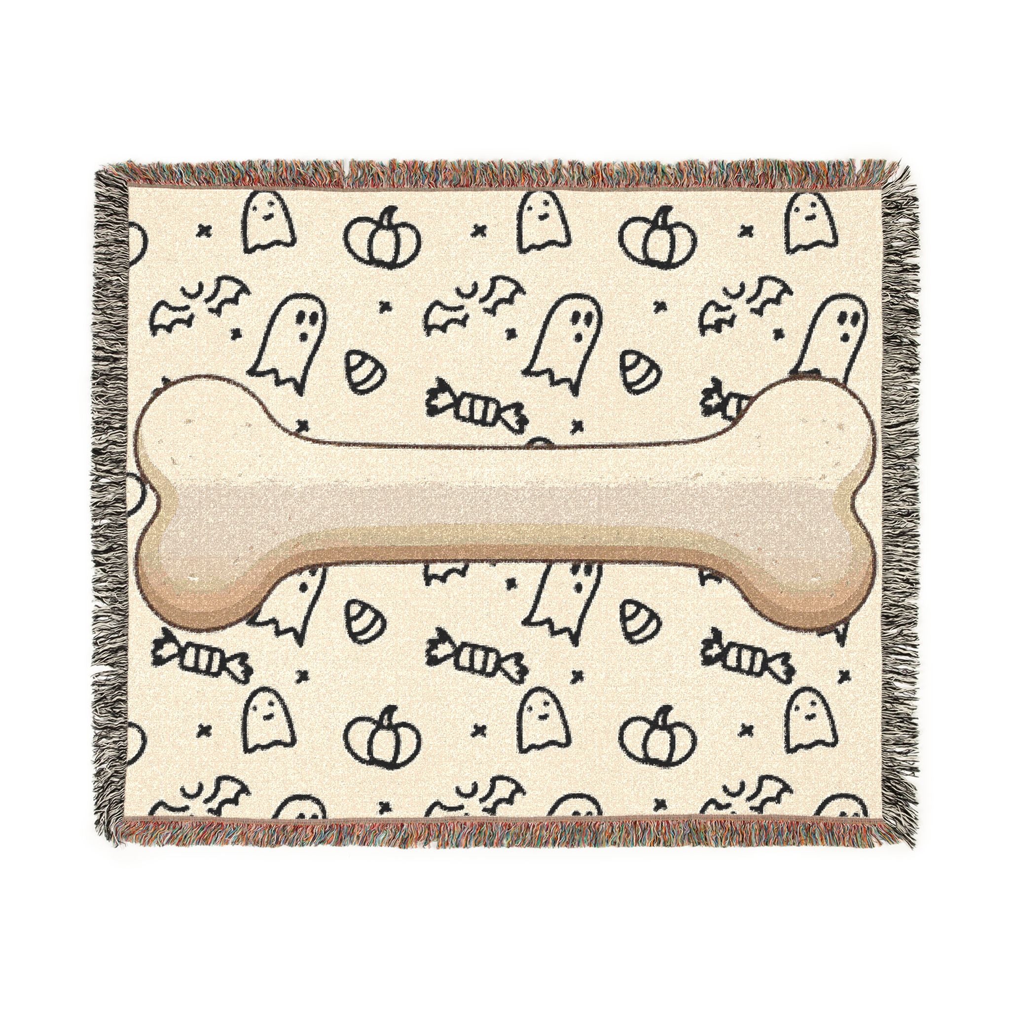 Halloween Dog Bone Woven Blanket — Cozy Throw with Ghosts, Pumpkins & Candy for Pet Lovers