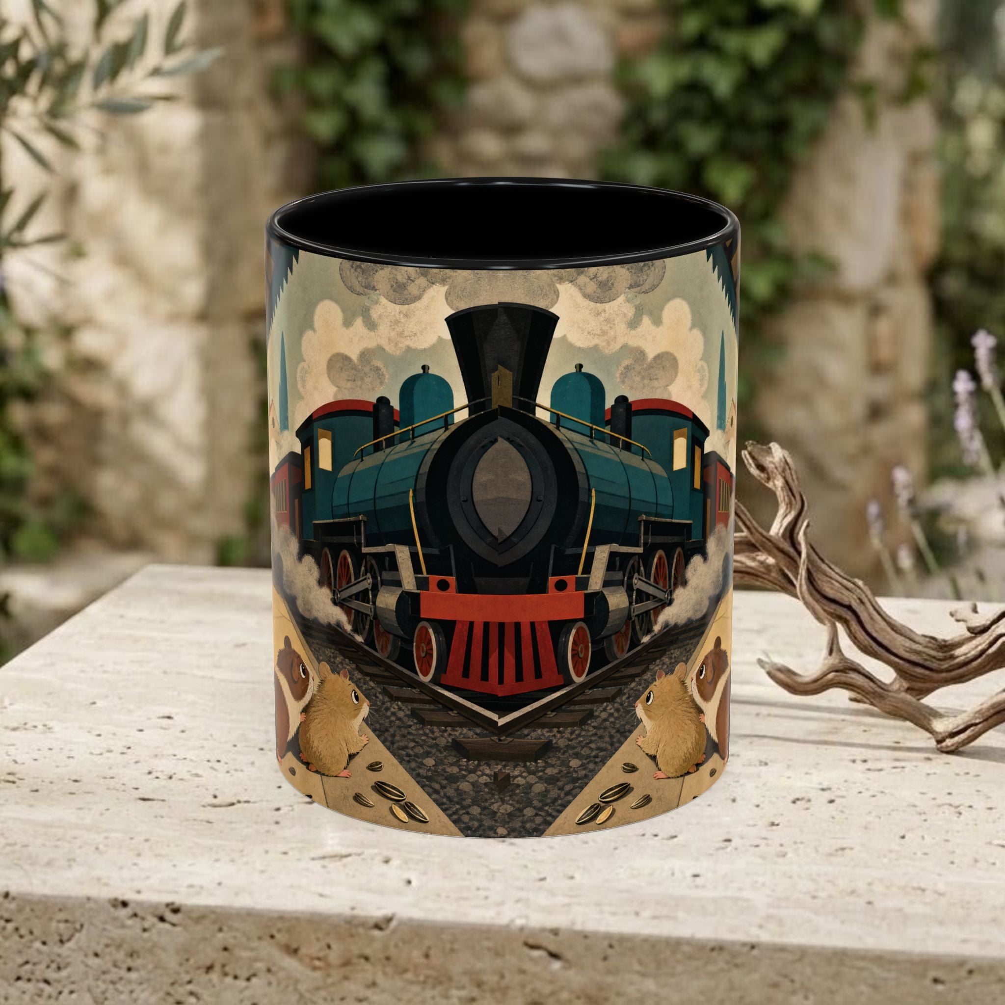 Vintage Train & Guinea Pigs Coffee Mug — Whimsical Station Illustration (11/15oz)