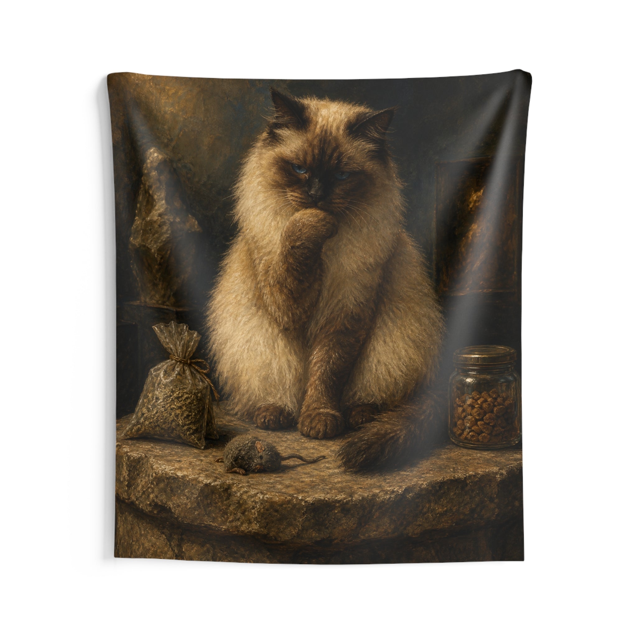 Vintage Portrait Cat Tapestry — Himalayan Cat on Antique Apothecary Shelf