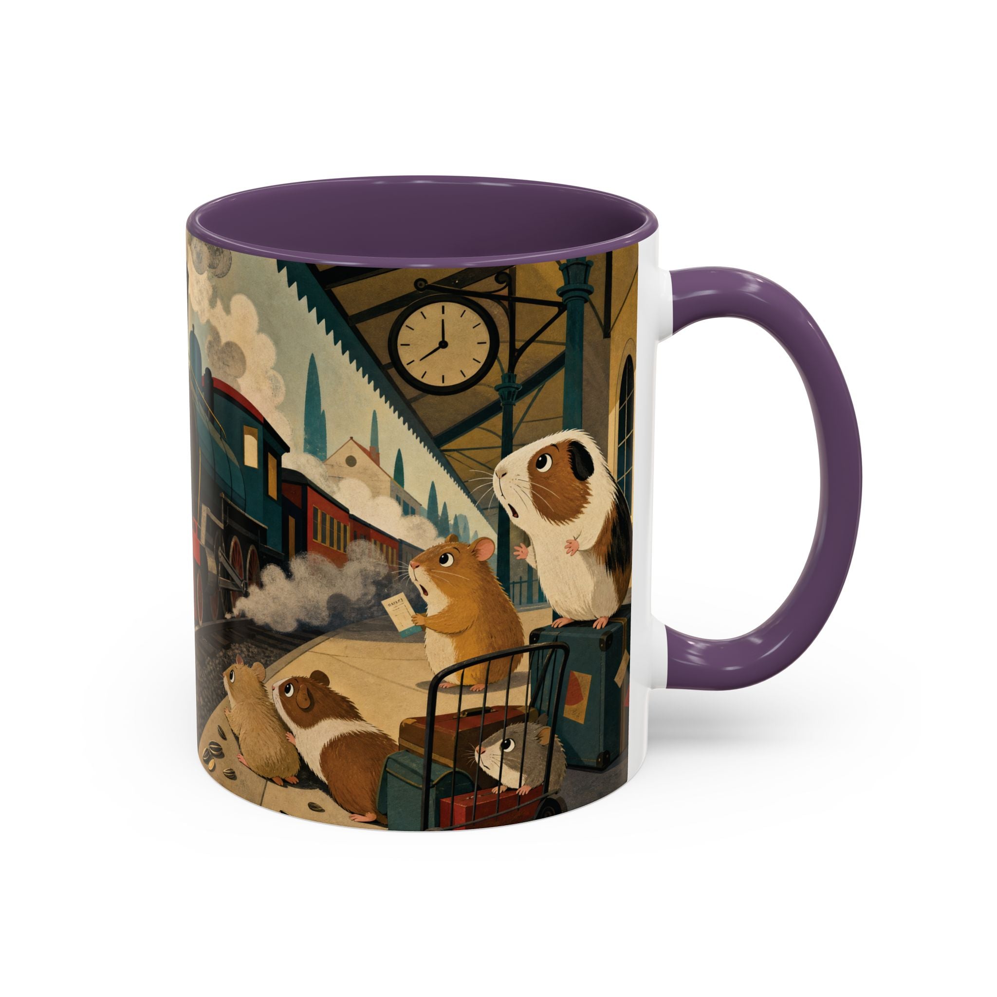 Vintage Train & Guinea Pigs Coffee Mug — Whimsical Station Illustration (11/15oz)