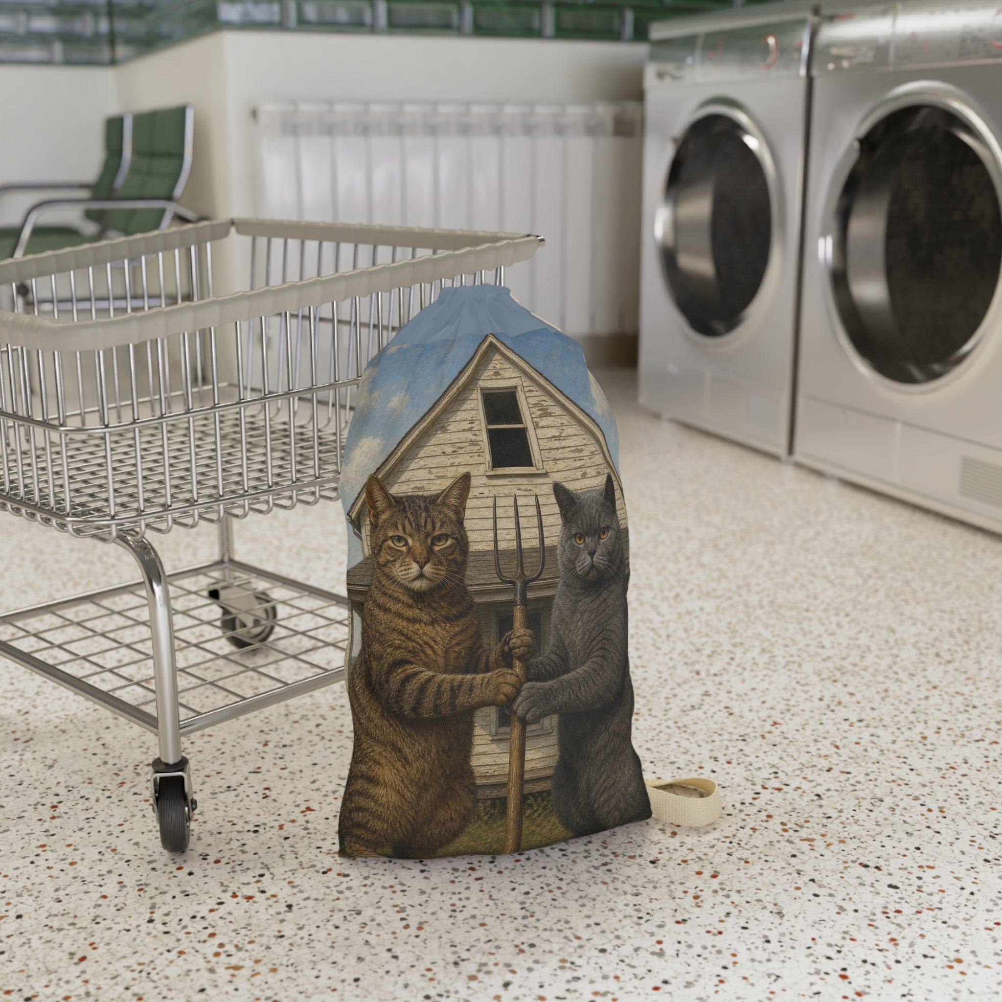 Cat Farmers Laundry Bag — Vintage Two Cats Holding Pitchfork Illustration