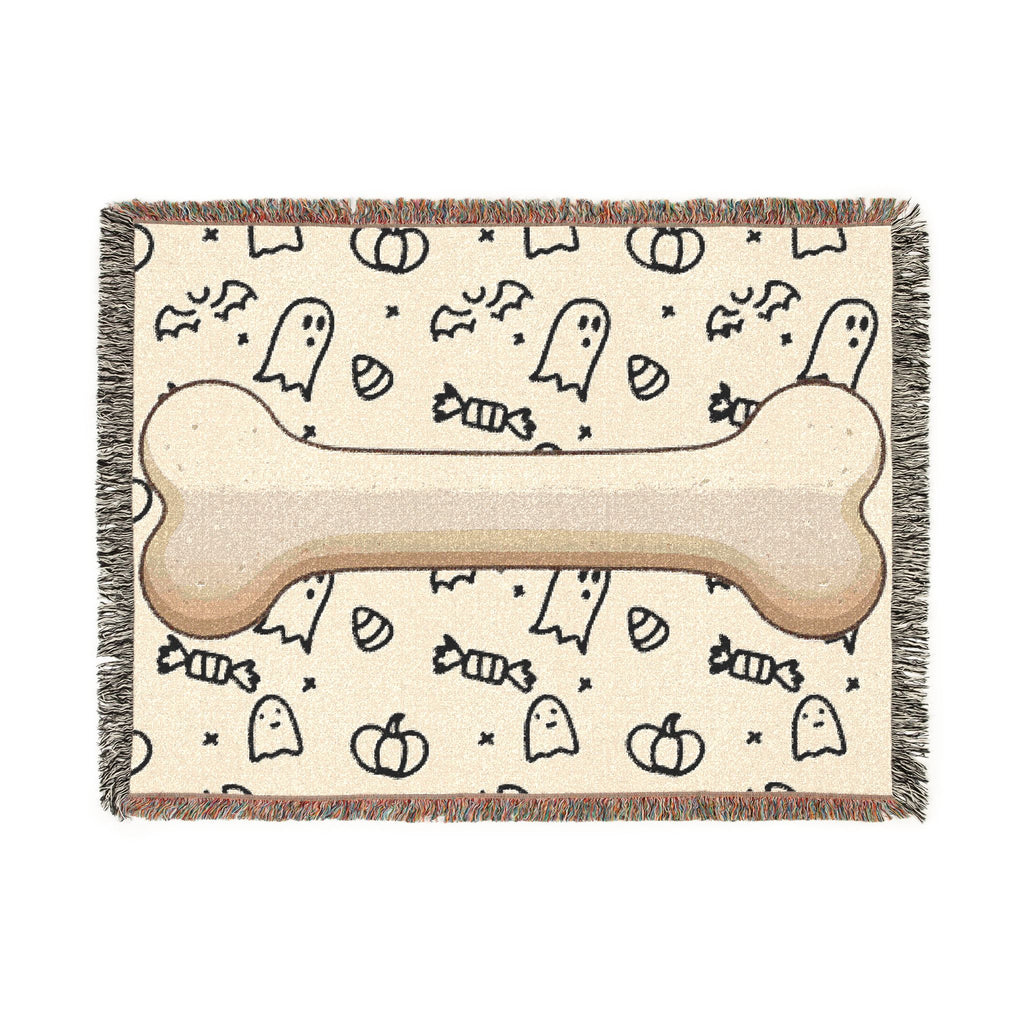 Halloween Dog Bone Woven Blanket — Cozy Throw with Ghosts, Pumpkins & Candy for Pet Lovers