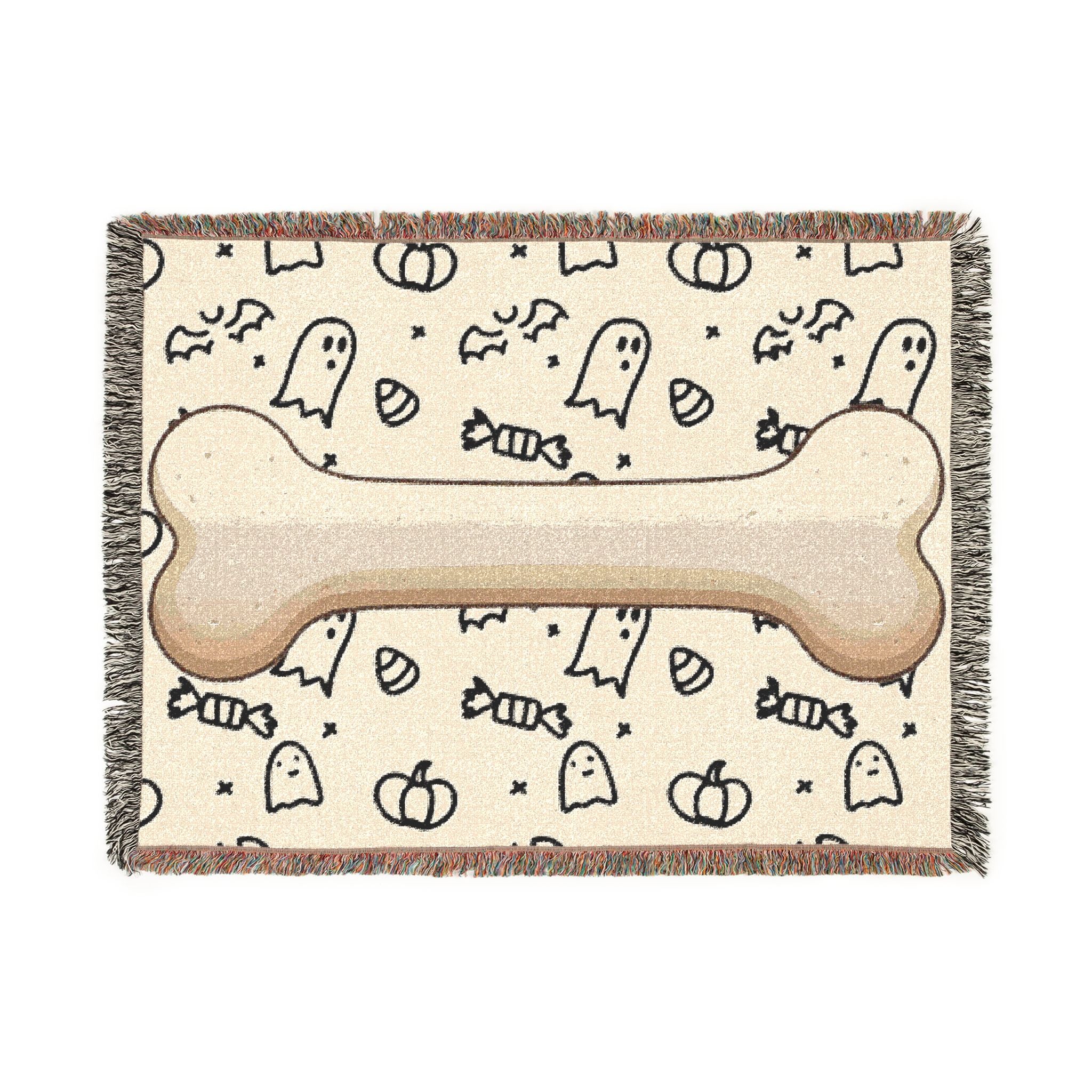 Halloween Dog Bone Woven Blanket — Cozy Throw with Ghosts, Pumpkins & Candy for Pet Lovers