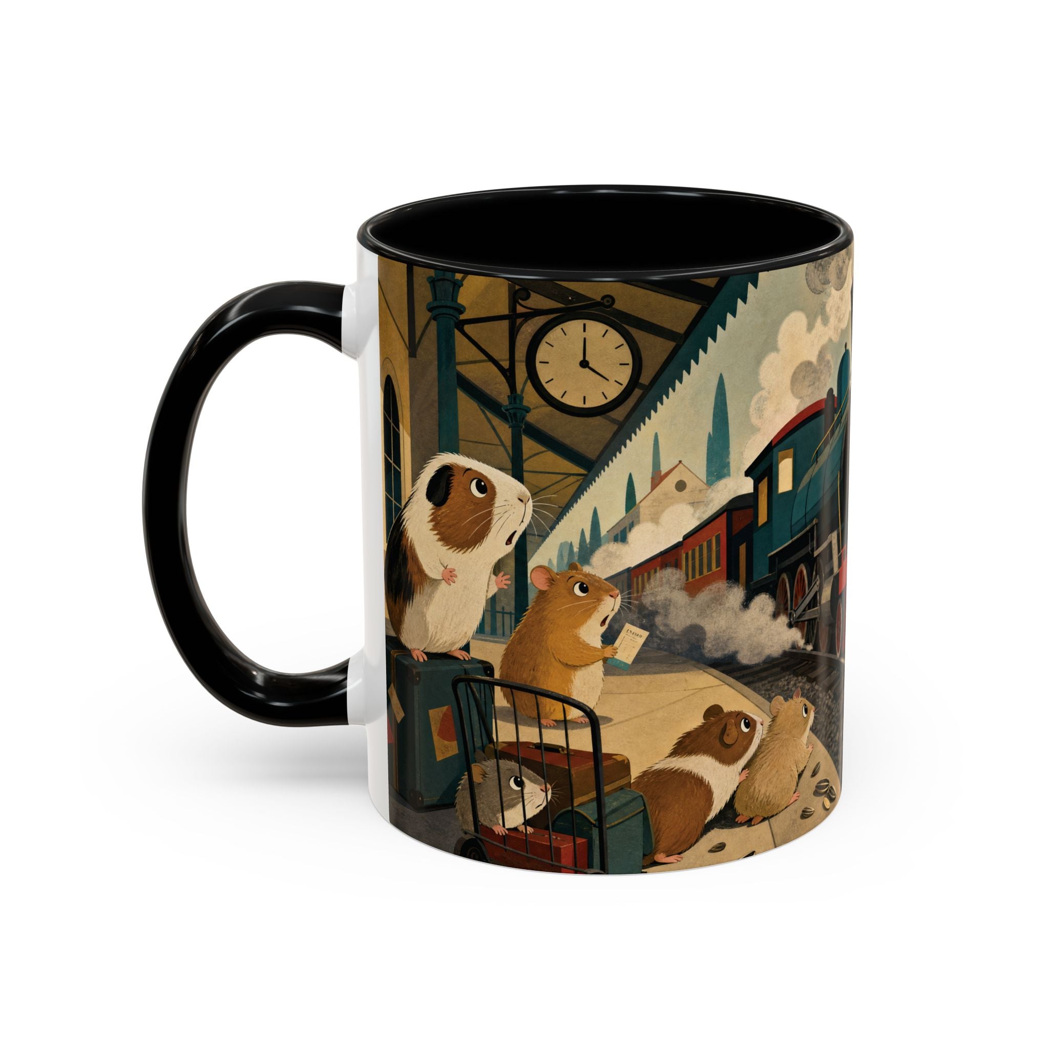 Vintage Train & Guinea Pigs Coffee Mug — Whimsical Station Illustration (11/15oz)