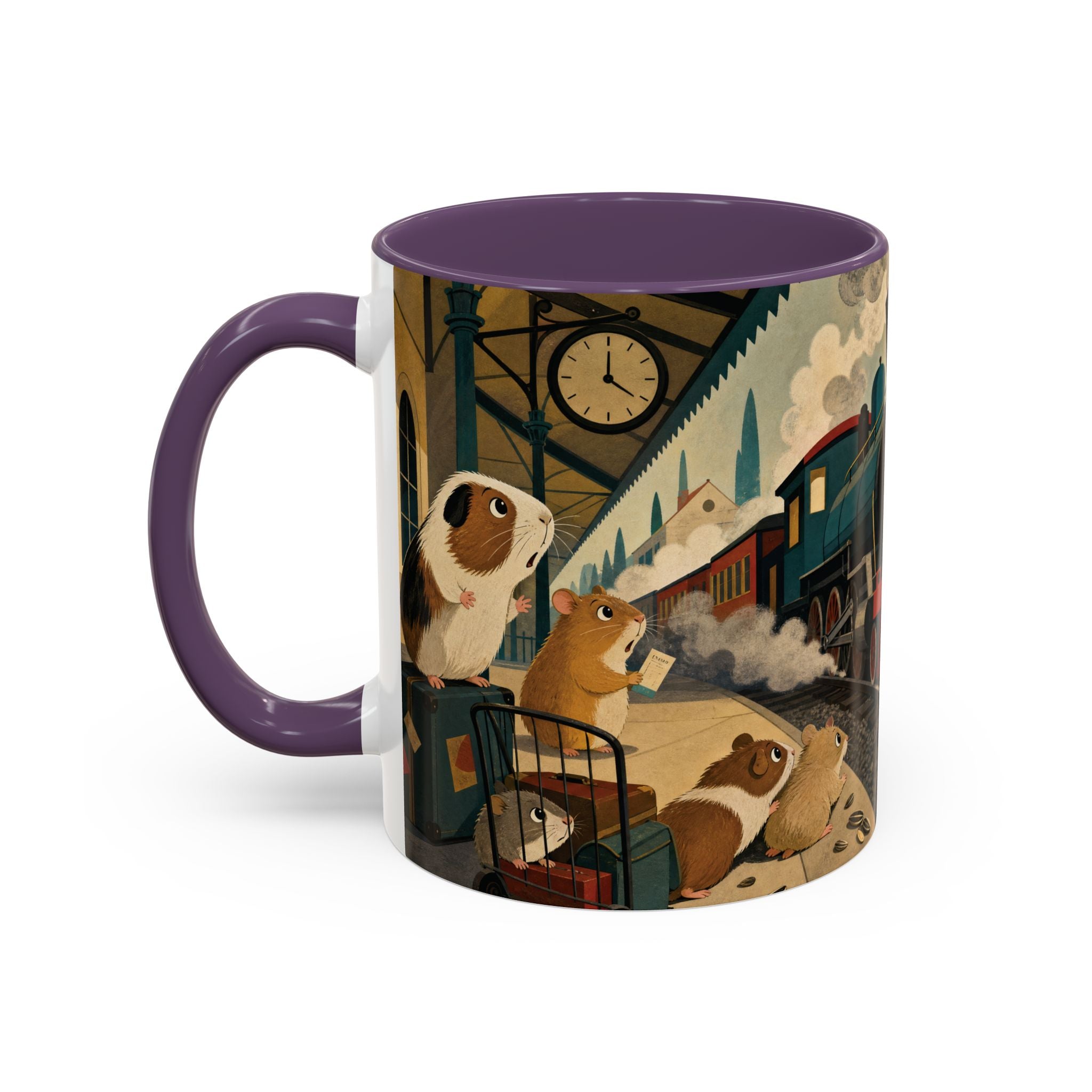Vintage Train & Guinea Pigs Coffee Mug — Whimsical Station Illustration (11/15oz)