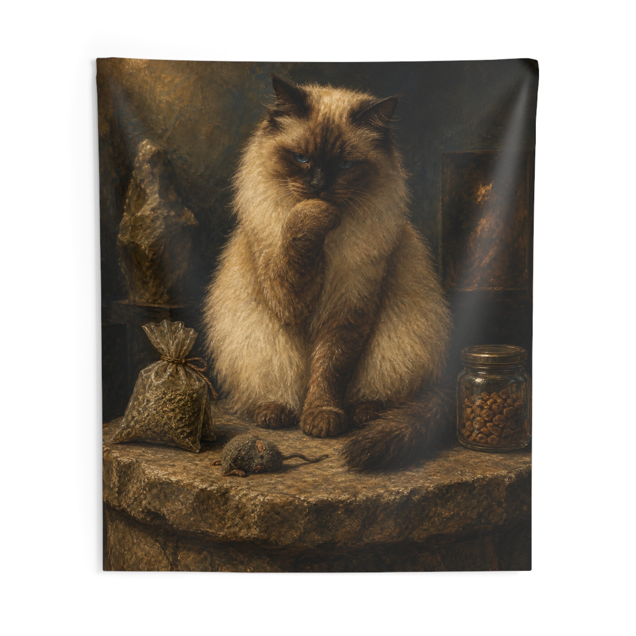 Vintage Portrait Cat Tapestry — Himalayan Cat on Antique Apothecary Shelf
