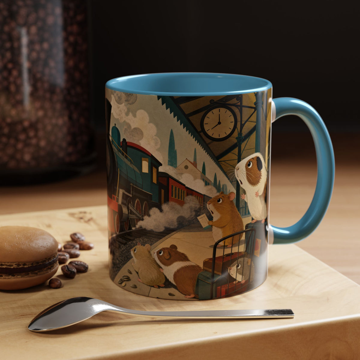 Vintage Train & Guinea Pigs Coffee Mug — Whimsical Station Illustration (11/15oz)