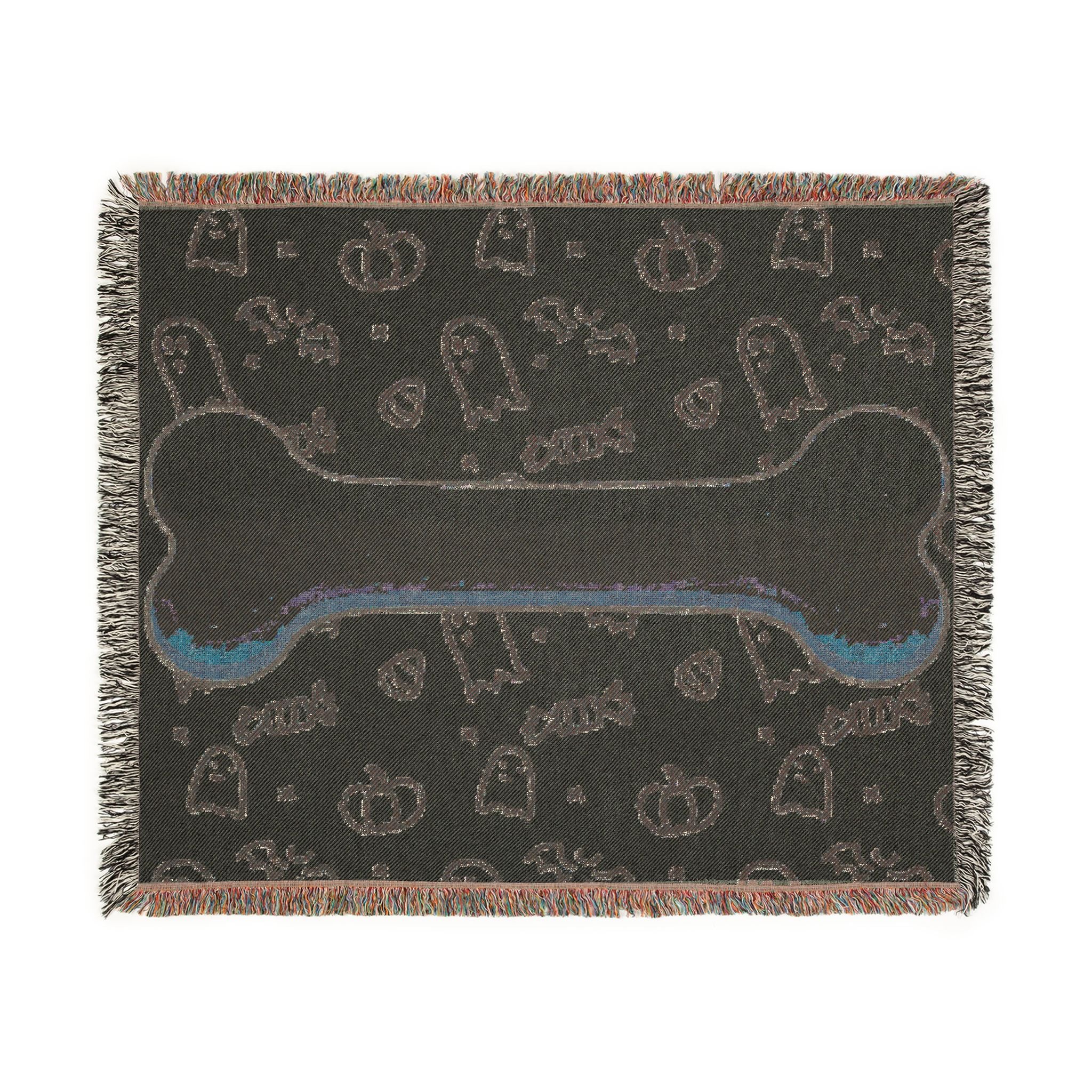Halloween Dog Bone Woven Blanket — Cozy Throw with Ghosts, Pumpkins & Candy for Pet Lovers
