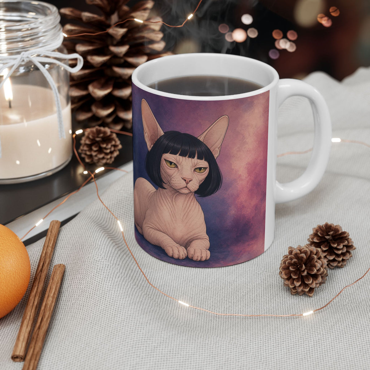 Cat Portrait Mug — Retro Bob Haircut Tabby & Sphynx Ceramic Coffee Cup (11oz/15oz)