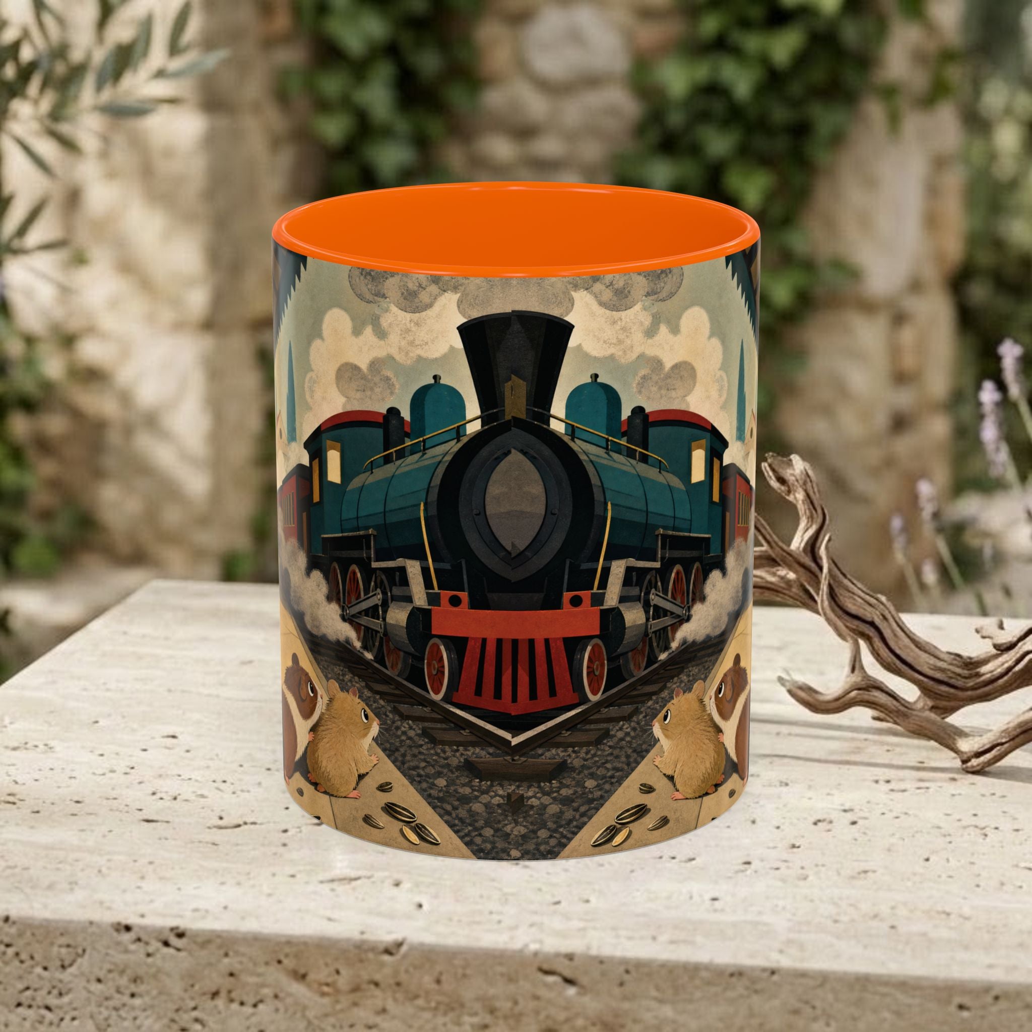 Vintage Train & Guinea Pigs Coffee Mug — Whimsical Station Illustration (11/15oz)