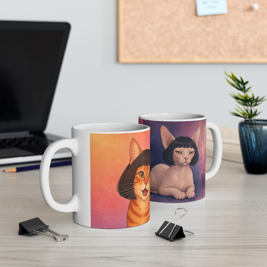 Cat Portrait Mug — Retro Bob Haircut Tabby & Sphynx Ceramic Coffee Cup (11oz/15oz)
