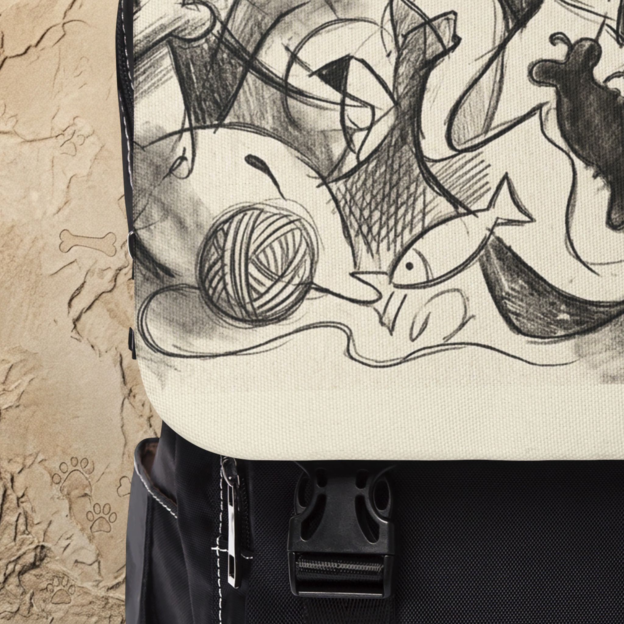 Sketch Art Canvas Backpack — Monochrome Doodle Design, Casual Daypack for School & Travel