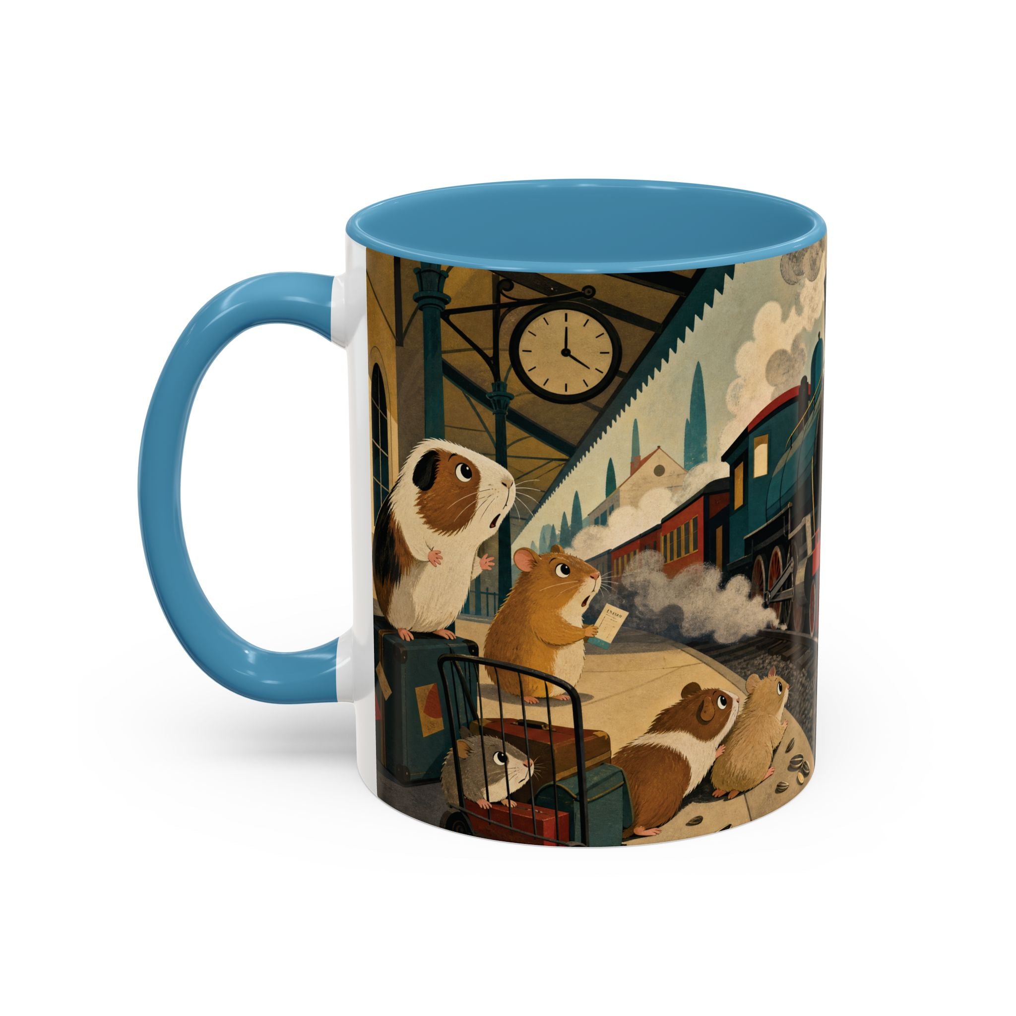 Vintage Train & Guinea Pigs Coffee Mug — Whimsical Station Illustration (11/15oz)
