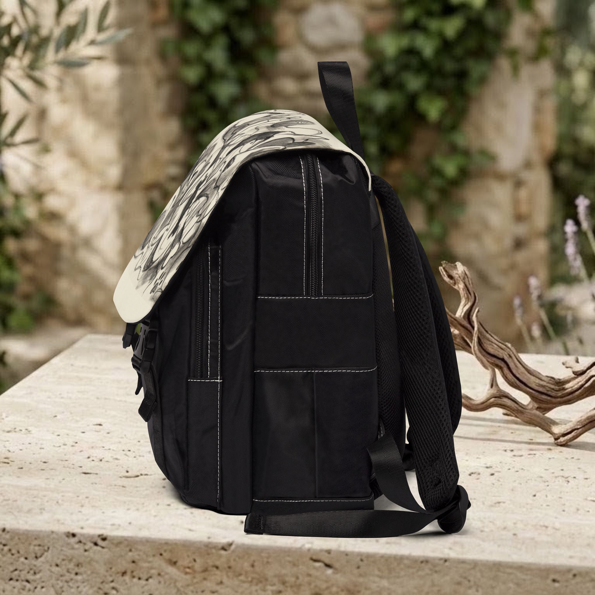 Sketch Art Canvas Backpack — Monochrome Doodle Design, Casual Daypack for School & Travel