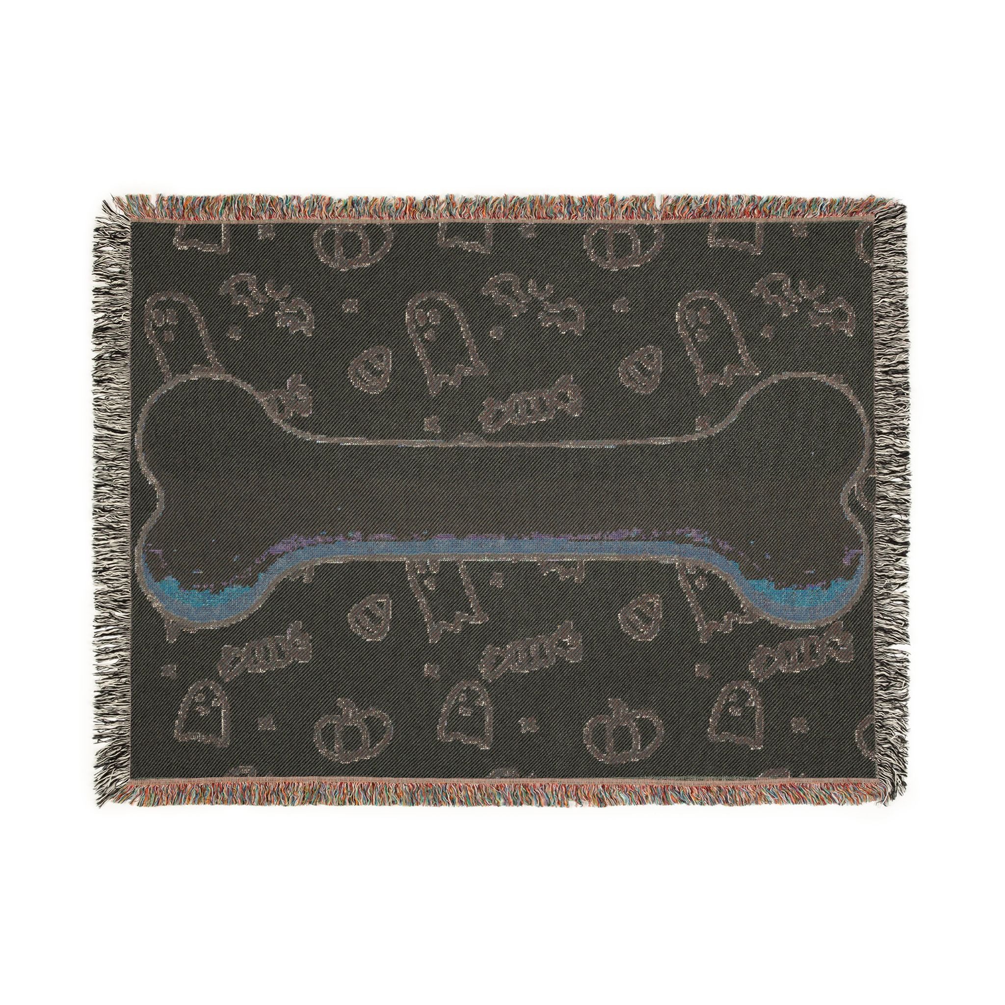 Halloween Dog Bone Woven Blanket — Cozy Throw with Ghosts, Pumpkins & Candy for Pet Lovers