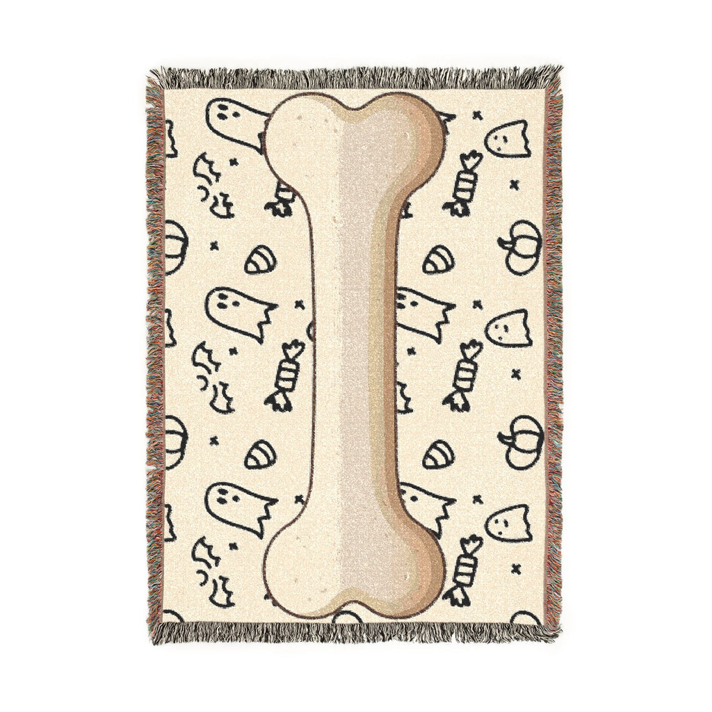Halloween Dog Bone Woven Blanket — Cozy Throw with Ghosts, Pumpkins & Candy for Pet Lovers