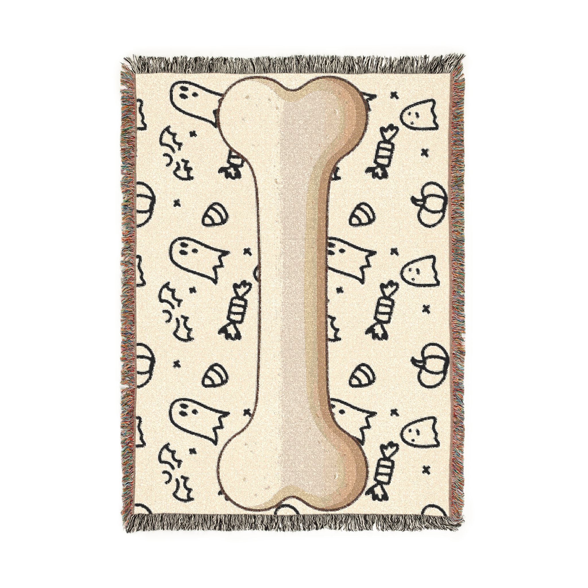 Halloween Dog Bone Woven Blanket — Cozy Throw with Ghosts, Pumpkins & Candy for Pet Lovers