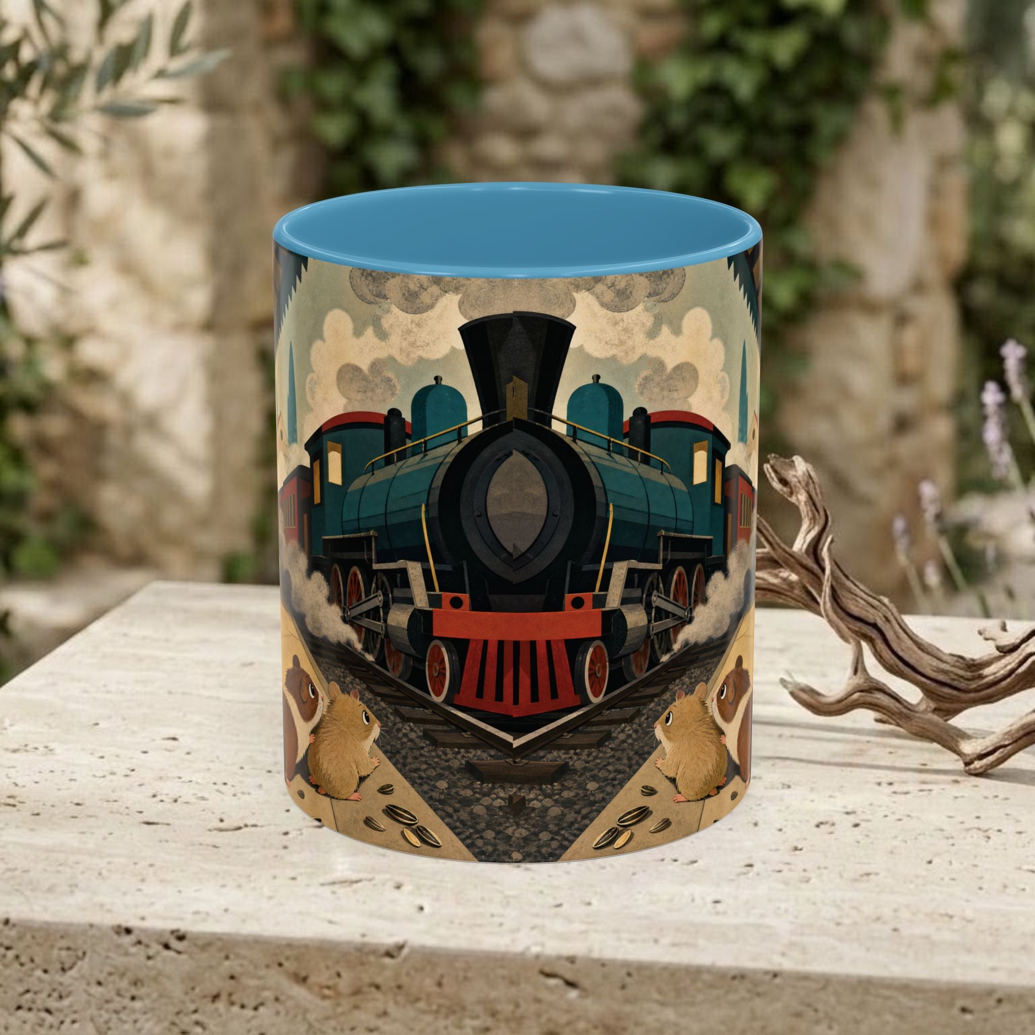 Vintage Train & Guinea Pigs Coffee Mug — Whimsical Station Illustration (11/15oz)