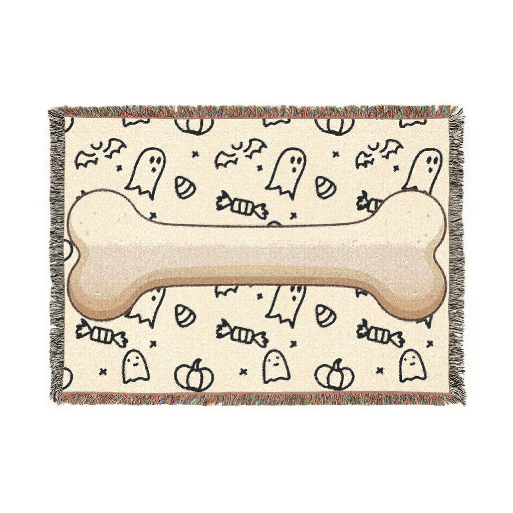 Halloween Dog Bone Woven Blanket — Cozy Throw with Ghosts, Pumpkins & Candy for Pet Lovers