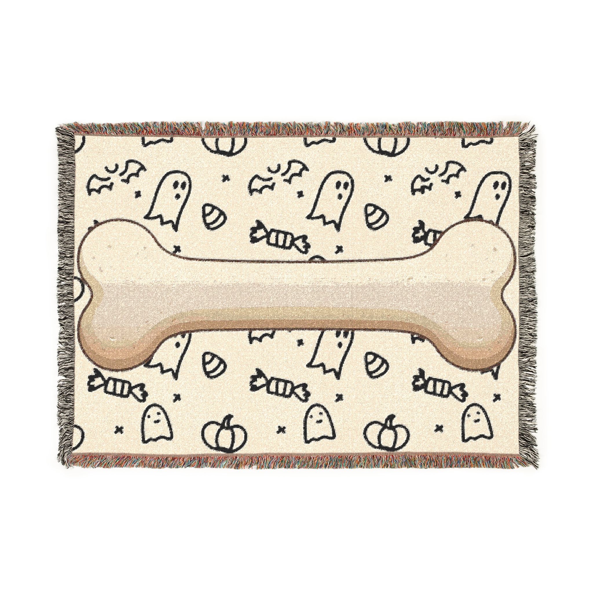 Halloween Dog Bone Woven Blanket — Cozy Throw with Ghosts, Pumpkins & Candy for Pet Lovers