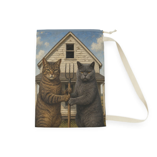 Cat Farmers Laundry Bag — Vintage Two Cats Holding Pitchfork Illustration