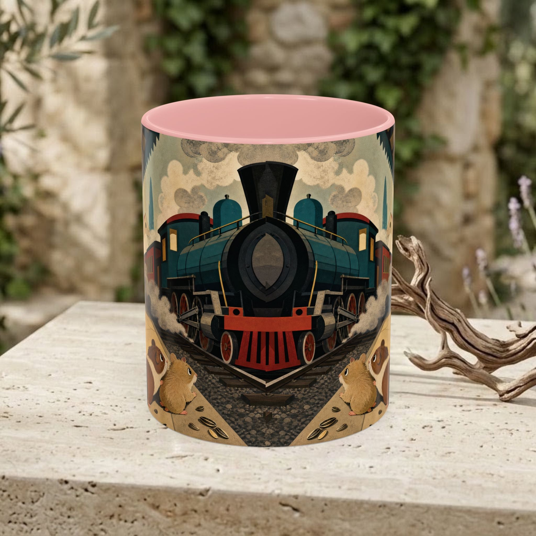Vintage Train & Guinea Pigs Coffee Mug — Whimsical Station Illustration (11/15oz)