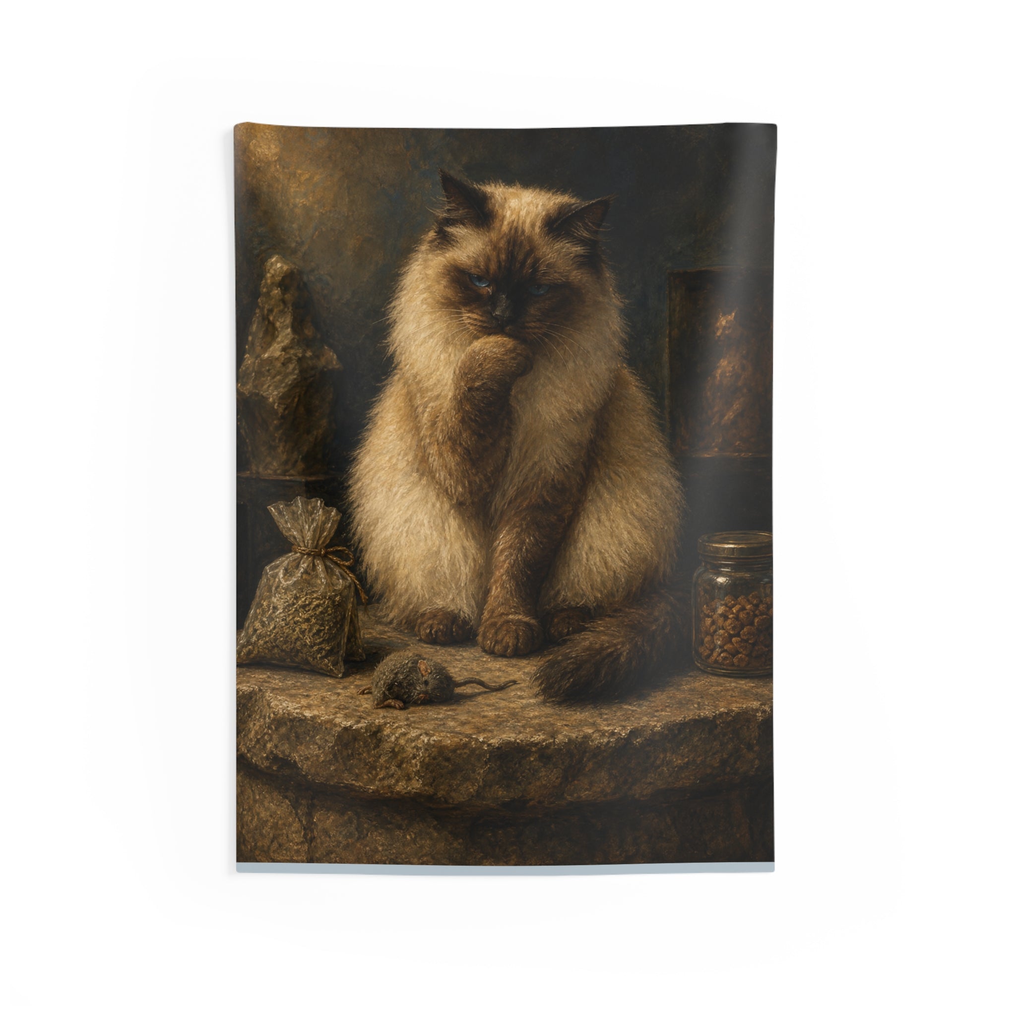 Vintage Portrait Cat Tapestry — Himalayan Cat on Antique Apothecary Shelf