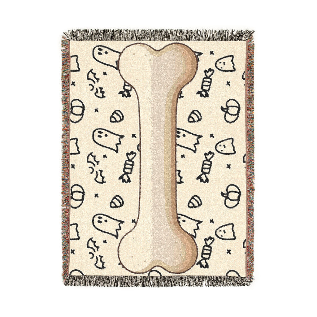 Halloween Dog Bone Woven Blanket — Cozy Throw with Ghosts, Pumpkins & Candy for Pet Lovers
