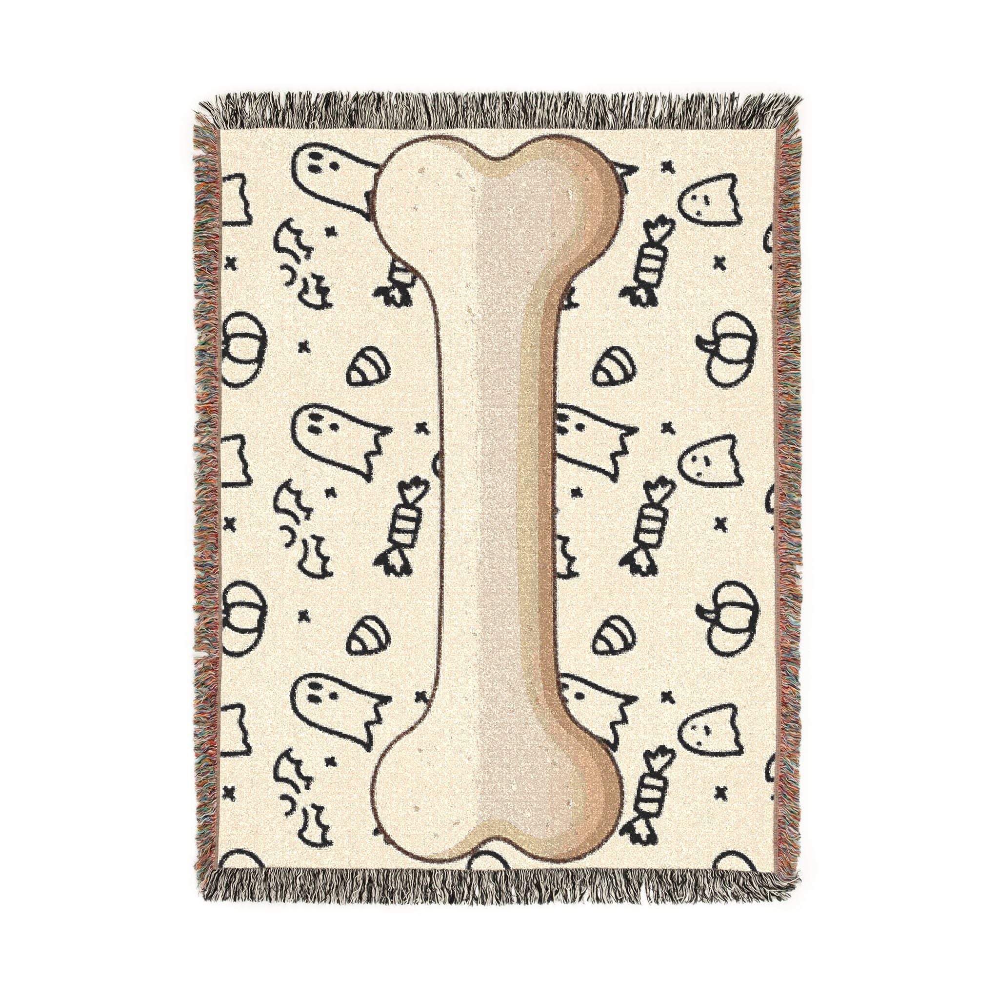 Halloween Dog Bone Woven Blanket — Cozy Throw with Ghosts, Pumpkins & Candy for Pet Lovers