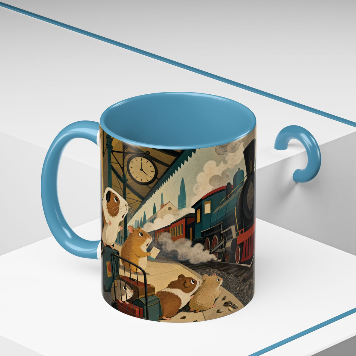 Vintage Train & Guinea Pigs Coffee Mug — Whimsical Station Illustration (11/15oz)