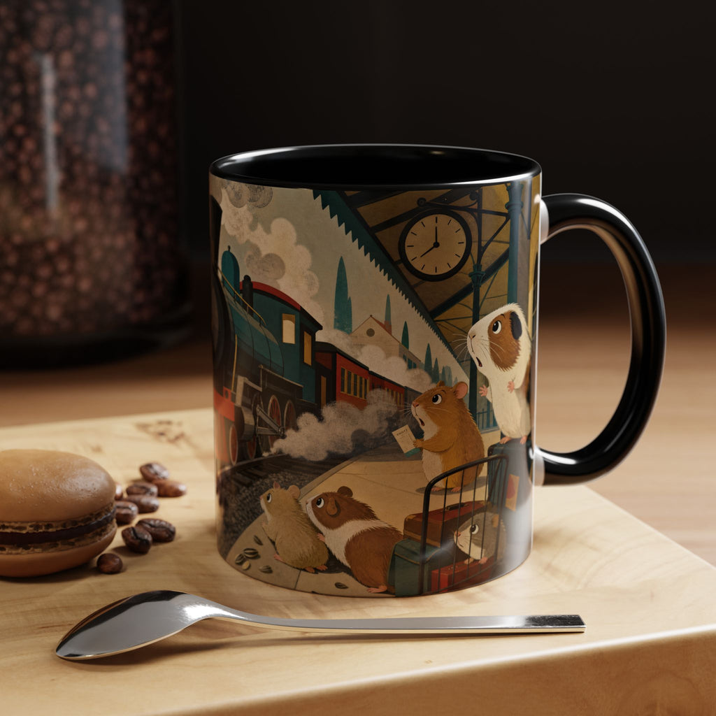 Vintage Train & Guinea Pigs Coffee Mug — Whimsical Station Illustration (11/15oz)