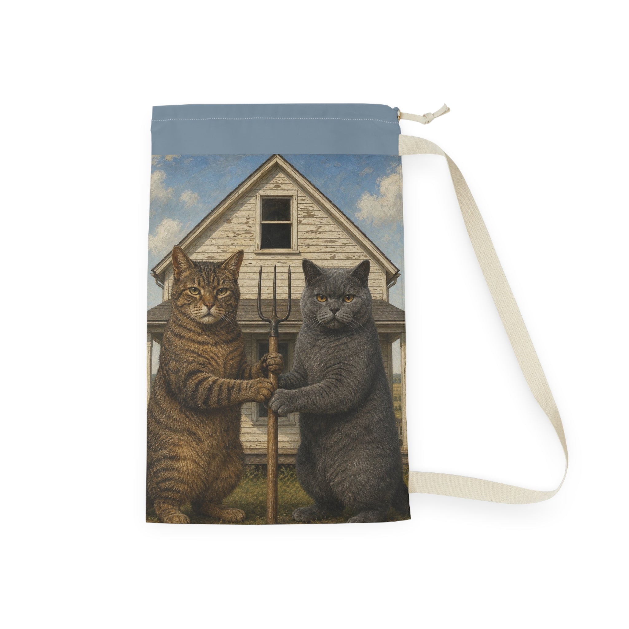 Cat Farmers Laundry Bag — Vintage Two Cats Holding Pitchfork Illustration