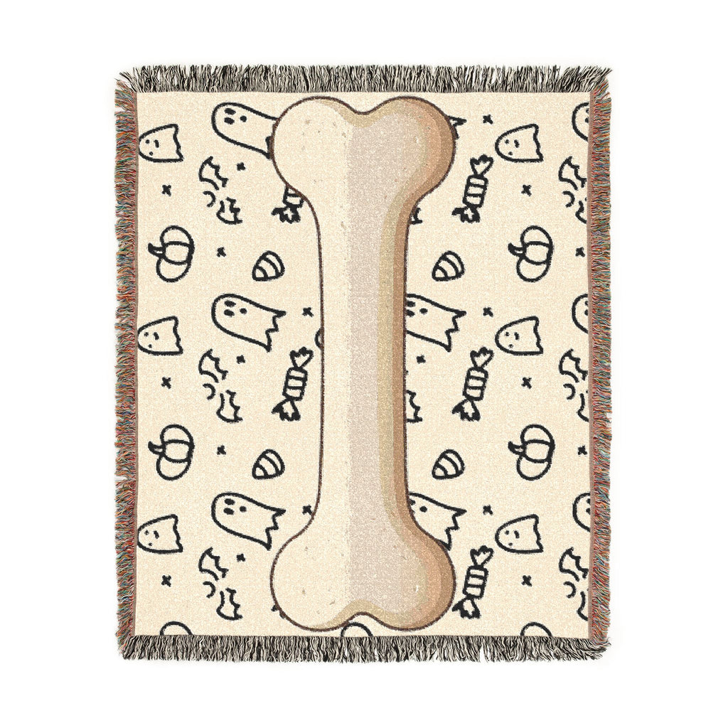 Halloween Dog Bone Woven Blanket — Cozy Throw with Ghosts, Pumpkins & Candy for Pet Lovers