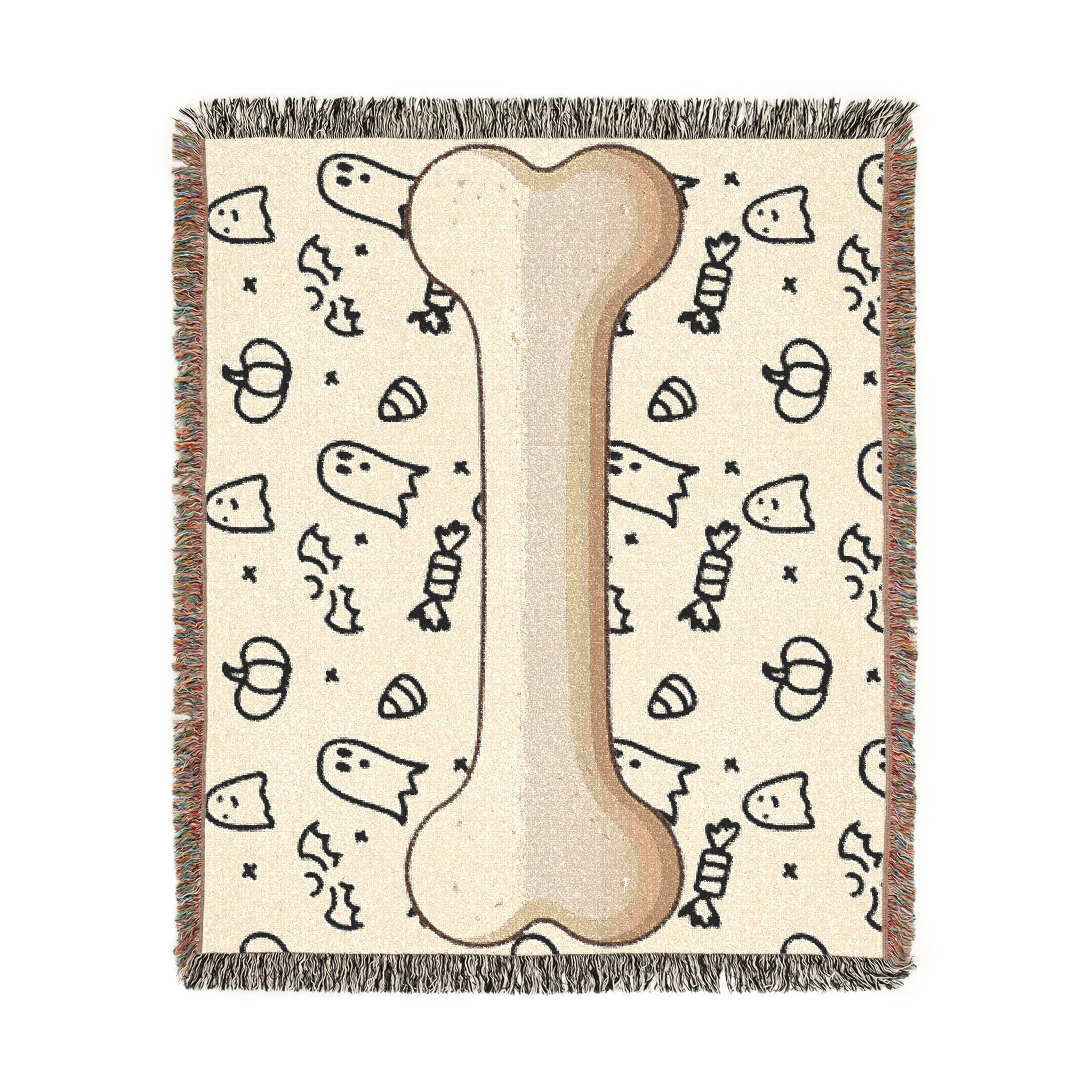 Halloween Dog Bone Woven Blanket — Cozy Throw with Ghosts, Pumpkins & Candy for Pet Lovers