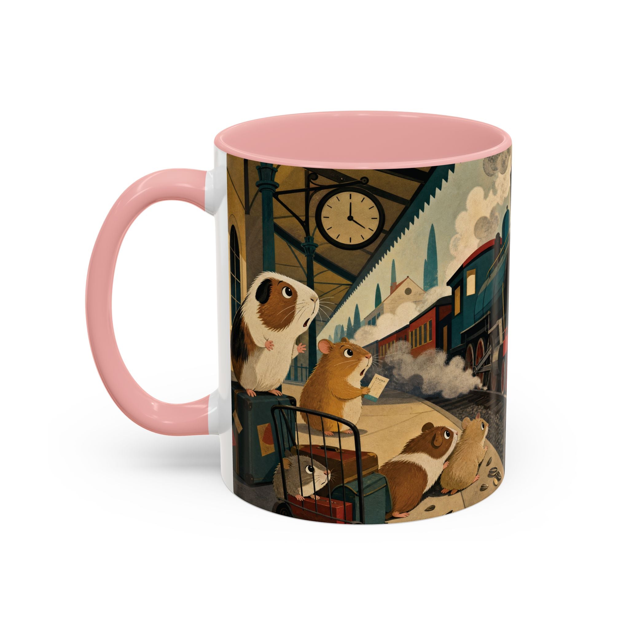 Vintage Train & Guinea Pigs Coffee Mug — Whimsical Station Illustration (11/15oz)