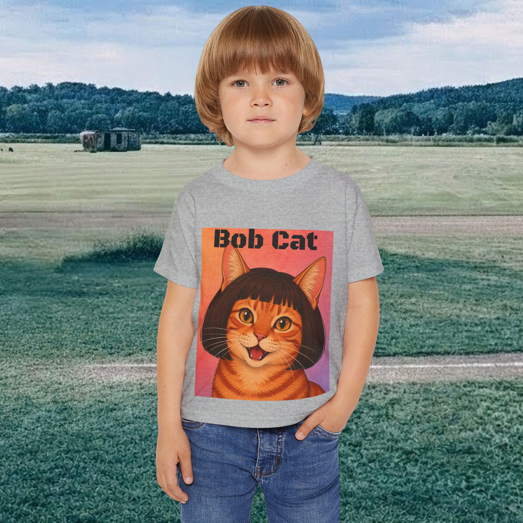 Toddler T‑Shirt — Ginger Tabby Bob Cat with Bob Wig, Cute Kids Cat Tee