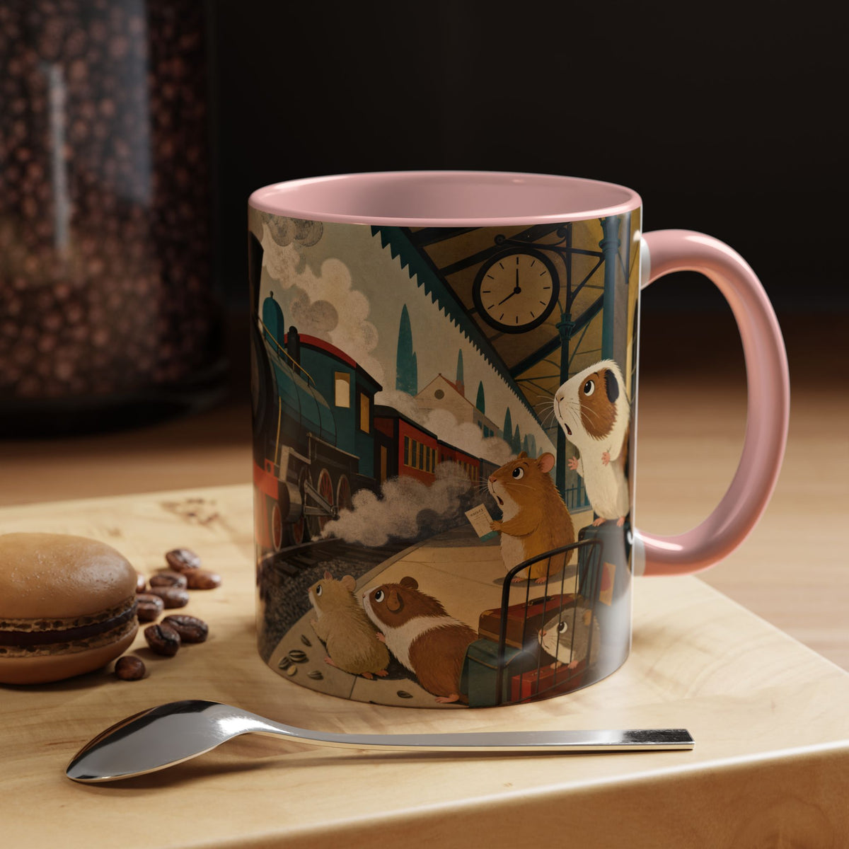Vintage Train & Guinea Pigs Coffee Mug — Whimsical Station Illustration (11/15oz)